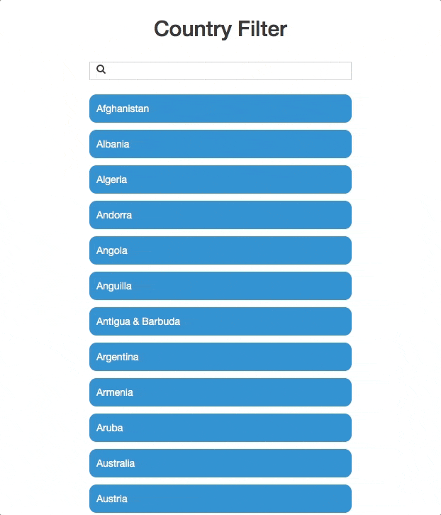 A search box dropdown listing countries whose names start with the letter A