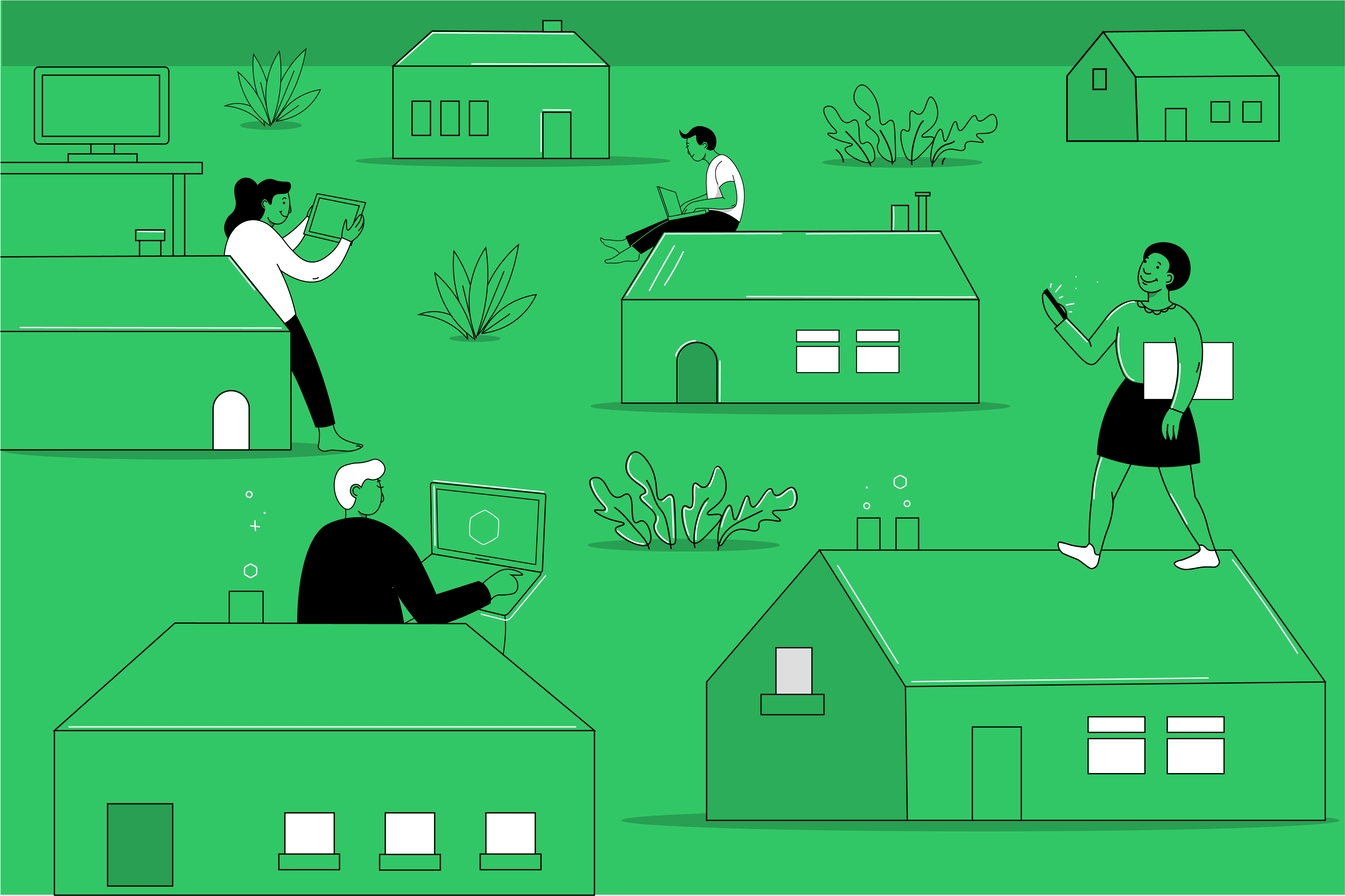 Illustration of four people using different gadgets, dispersed around and near houses