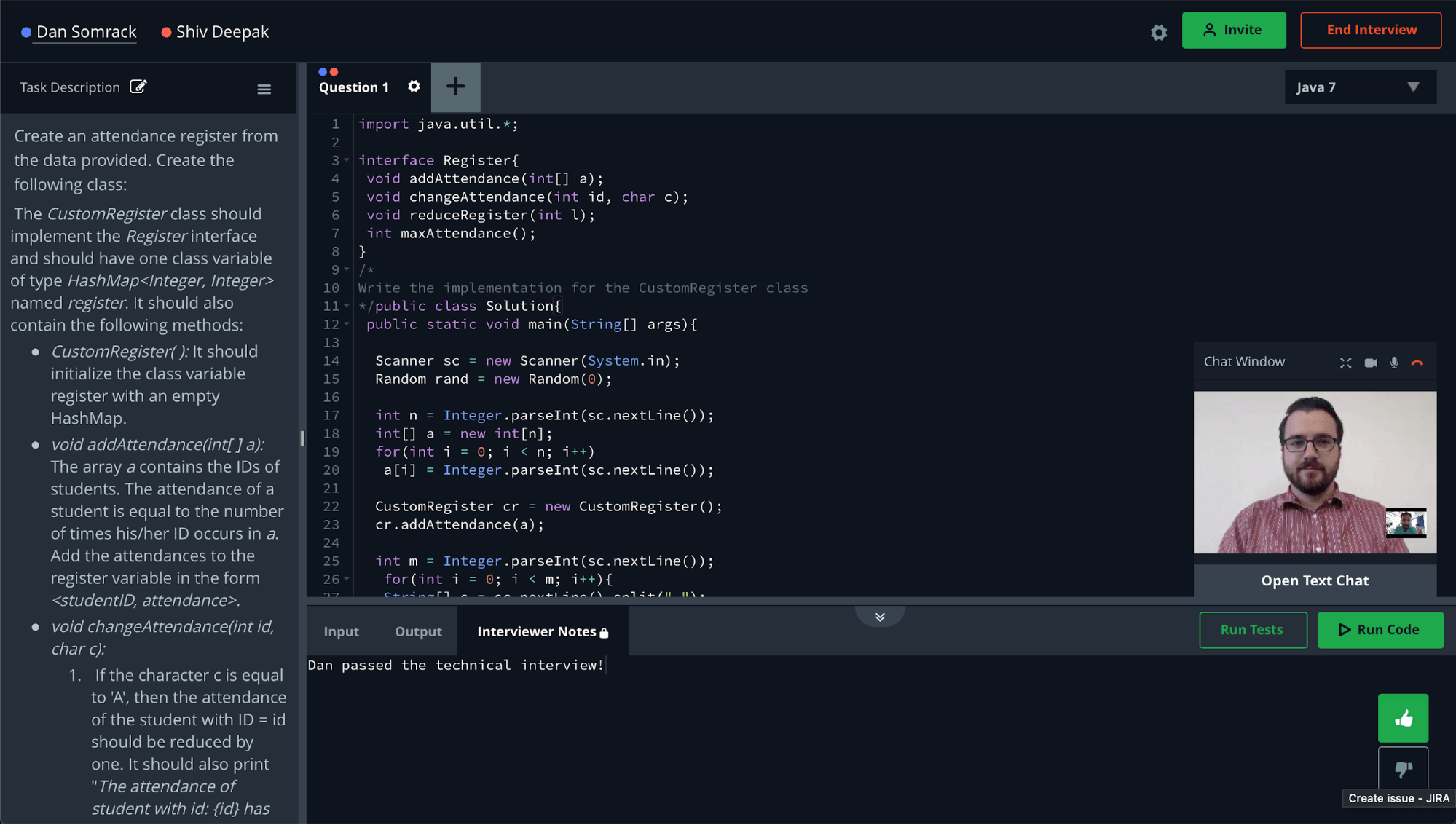 Interviewer's interface in CodePair, showing interviewer's notes