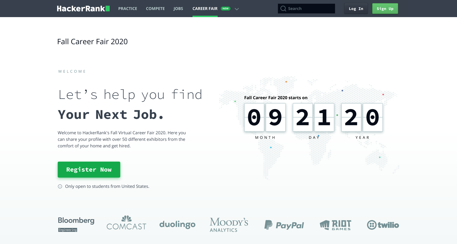 Hackerrank's Fall 2020 Virtual Career Fair homepage