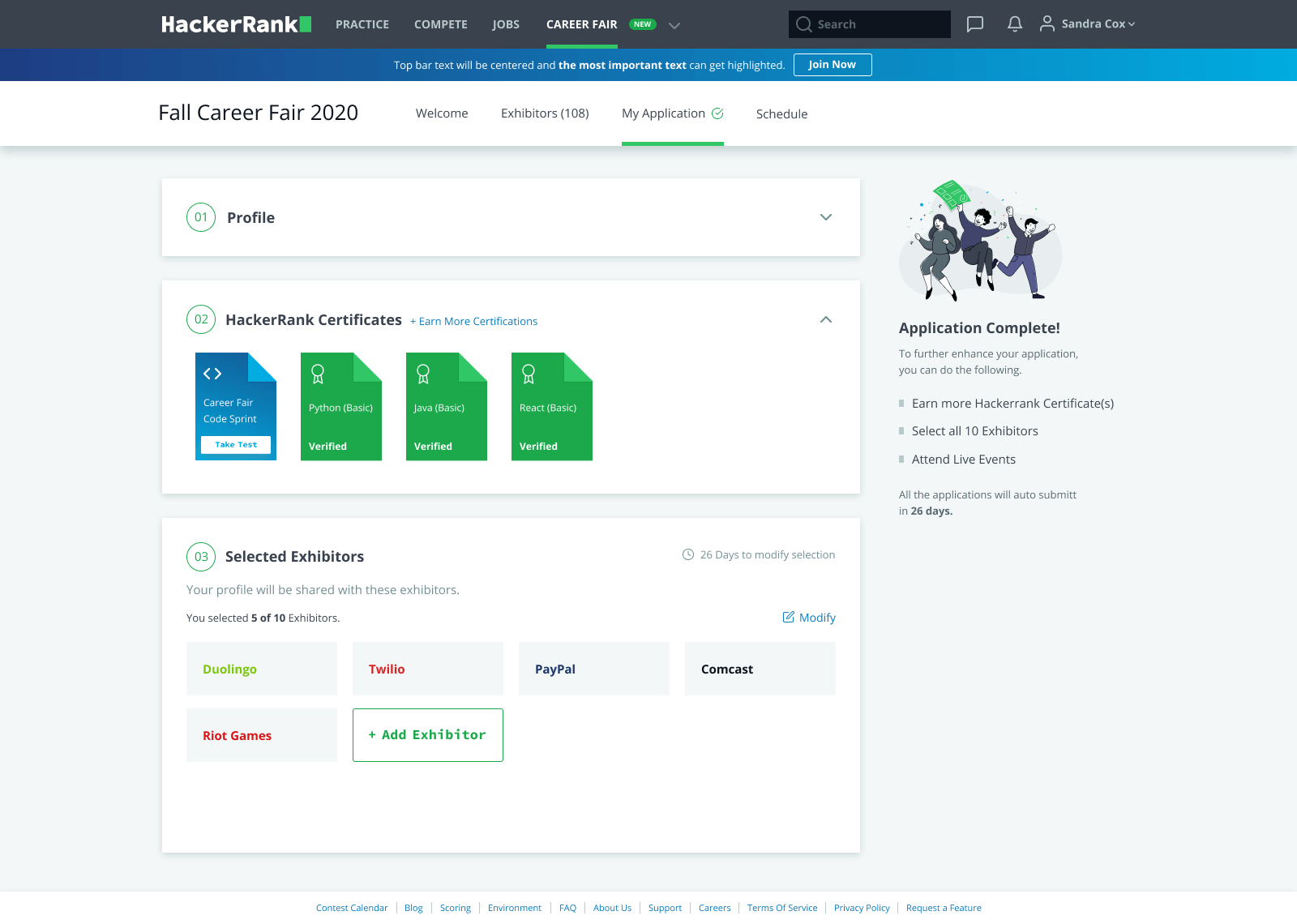 "My Application" tab in Hackerrank's Fall 2020 Virtual Career Fair webpage 