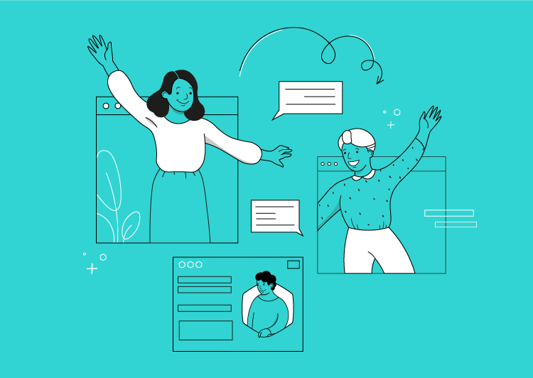Illustration of two people waving to each other from browser tabs, with a third tab showing a headshot of a man