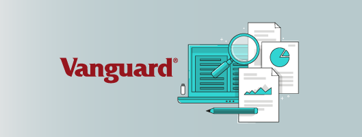 Illustration of a laptop, a magnifying glass and sheets of paper and the word "Vanguard" written on top 