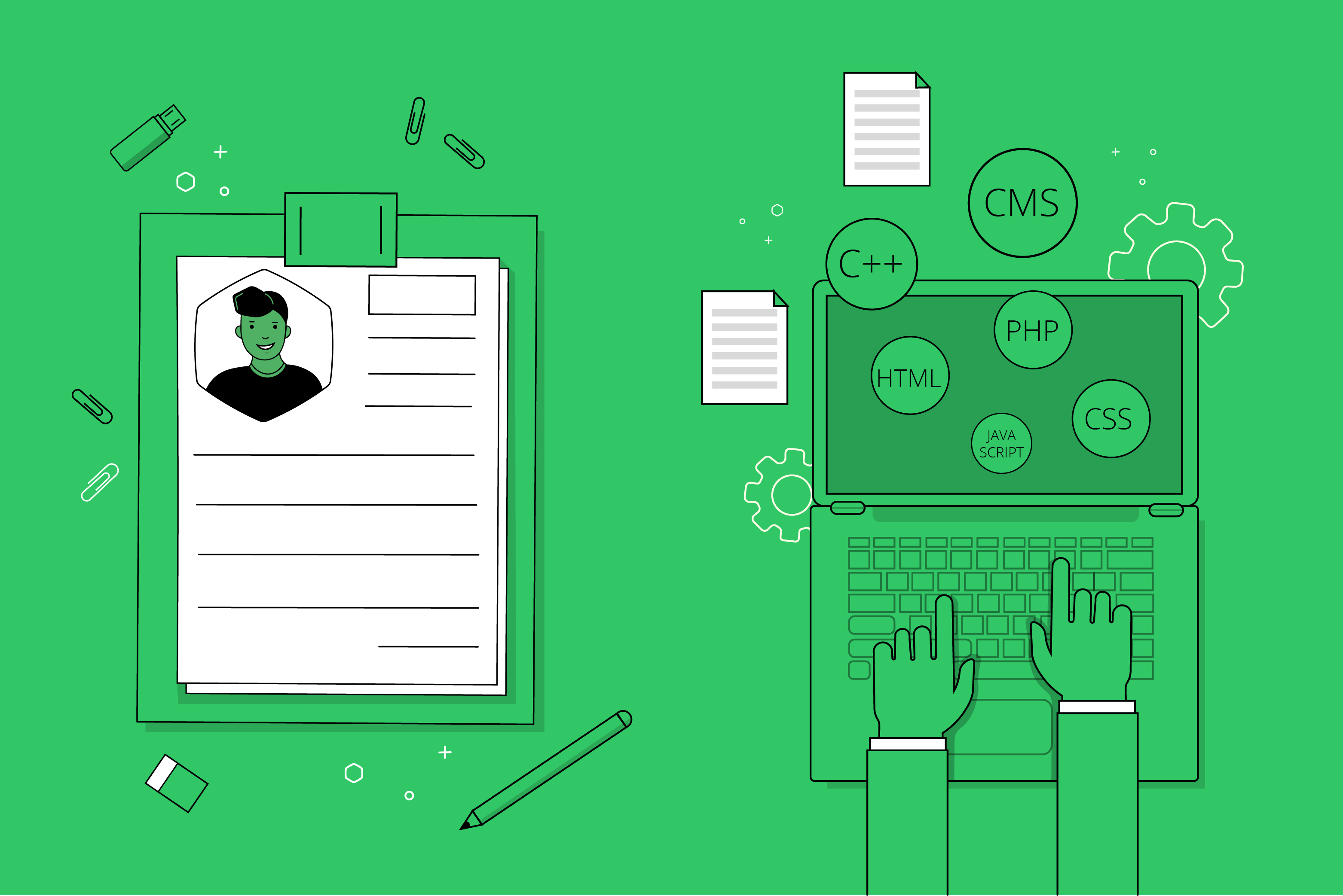 Illustration of a resume to the left of a laptop with bubbles reading "CMS", "PHP", "C++" etc. emanating from its screen