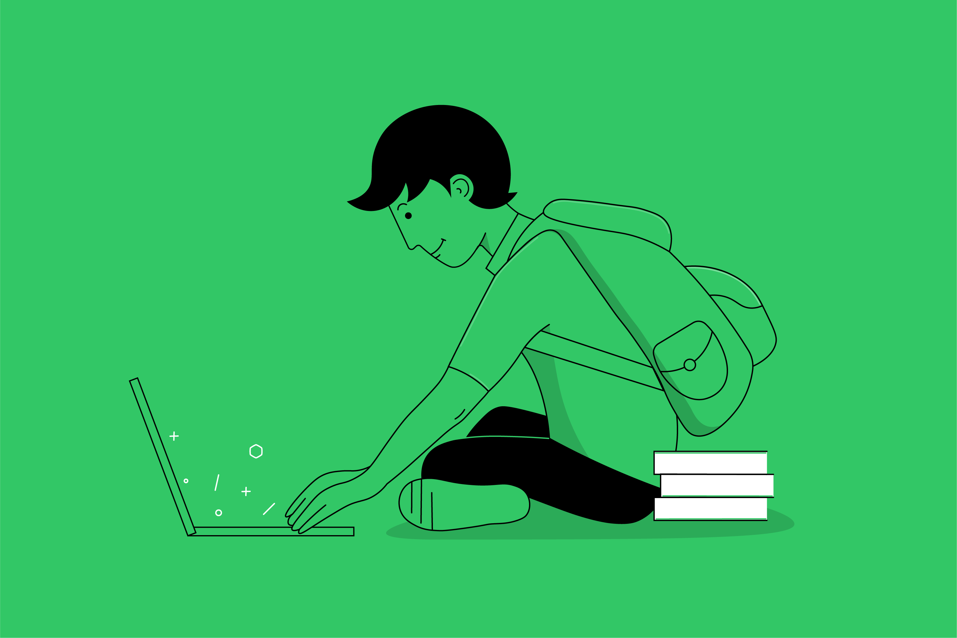 Illustration of a student wearing a backpack, and working on a laptop