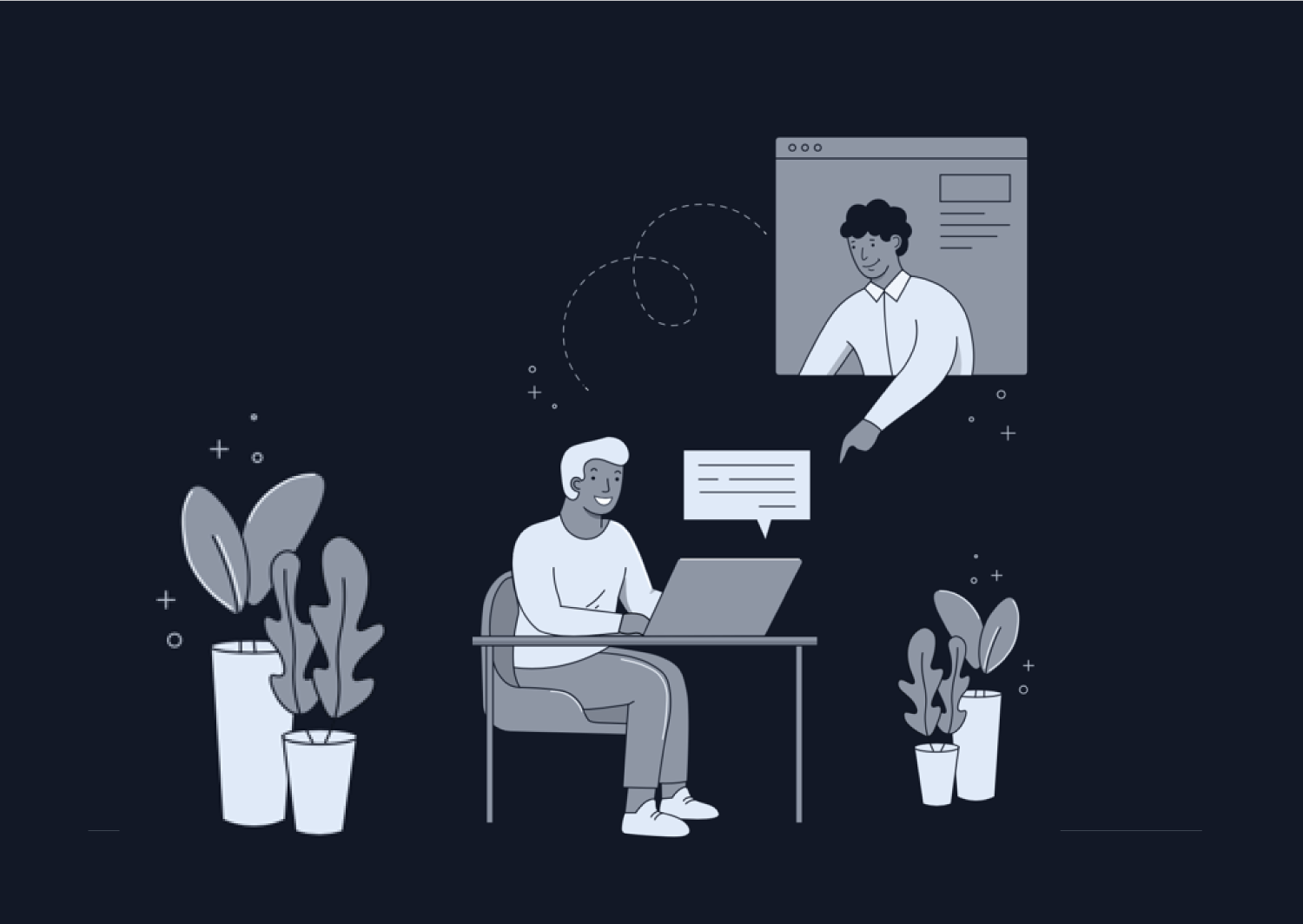 Illustration of a man seated on a desk with a laptop, and a man pointing at the laptop from a browser window on the top right corner