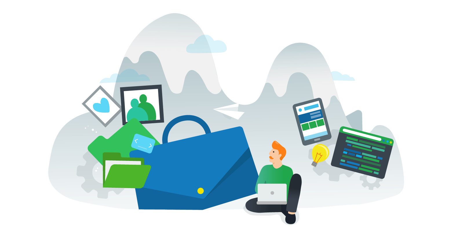Illustration of a seated man staring at a giant briefcase, a photo frame, and a file among others items.
