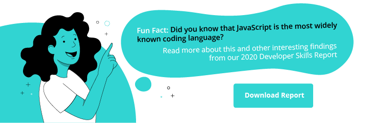 Person pointing to speech bubble, sharing fun fact about javascript from 2020 developer skills report