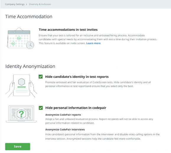 Diversity & Inclusion tab under Company Settings in Hackerrank For Work